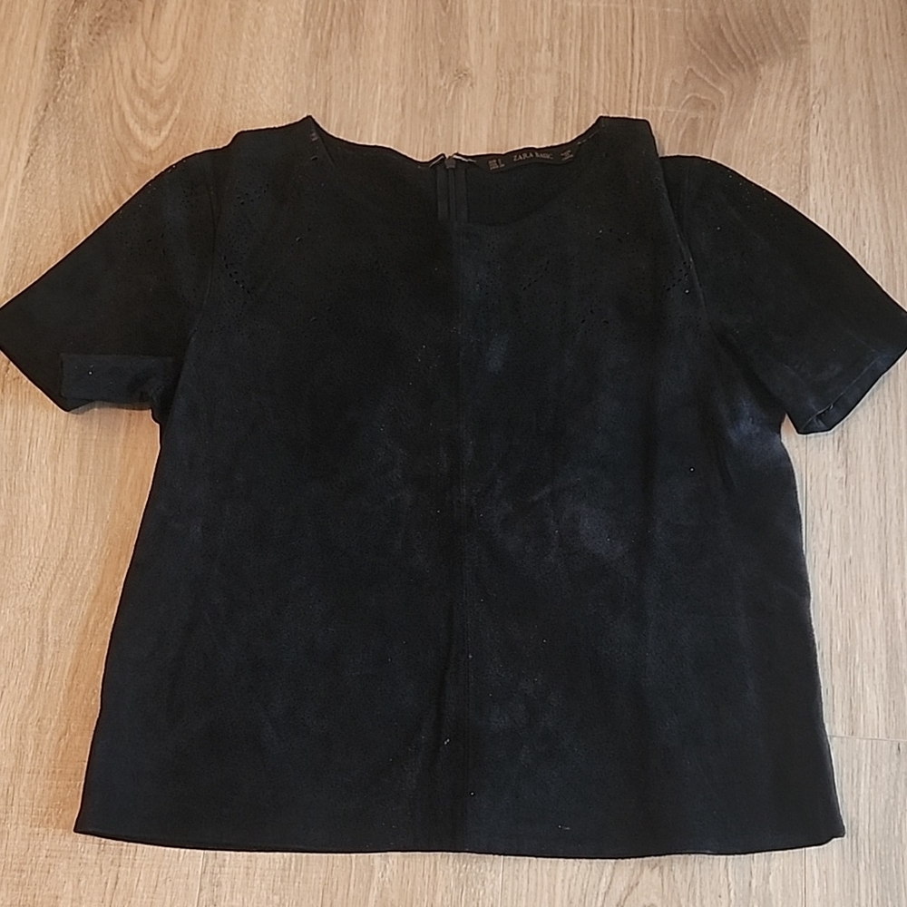 Zara | Leather Laser Cut Black Short Sleeve Women's Top